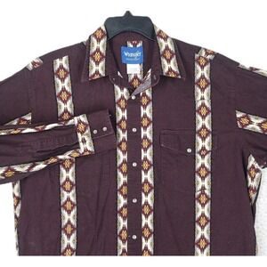 Wrangler Western Shirt Pearl Snap Mens XLT Aztec Stripe Maroon Brown Beige LS